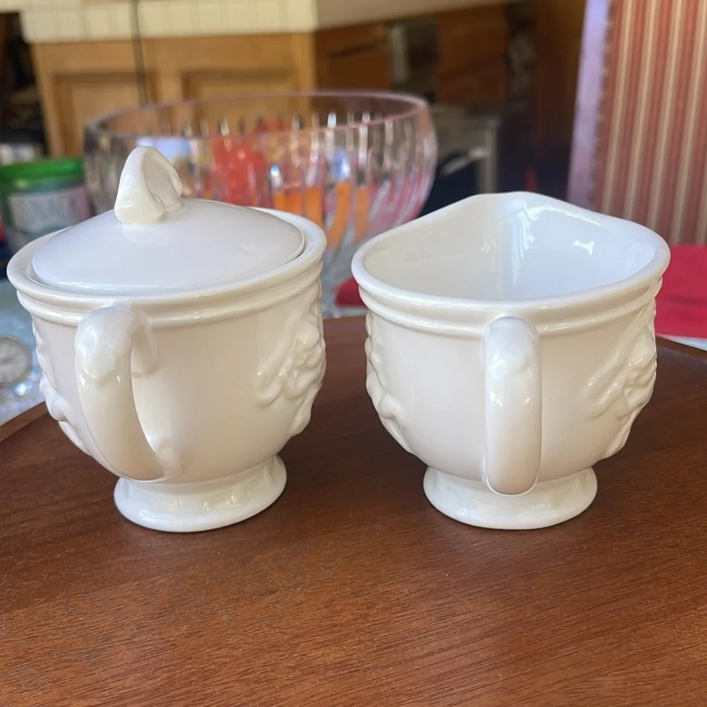 Rare Vintage White Cherub Sugar Bowl and Creamer Set